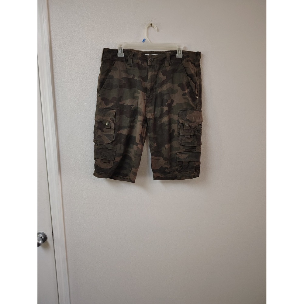 True Craft Mens Camo‎ Cargo Shorts Green Brown Camouflage Multi Pocket Size 33